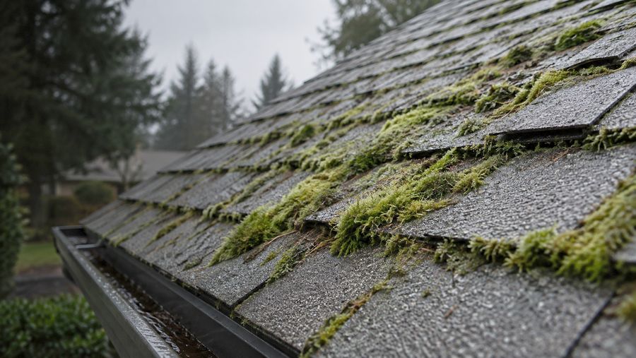 Thick green moss growing between wet asphalt shingles and lifting their edges