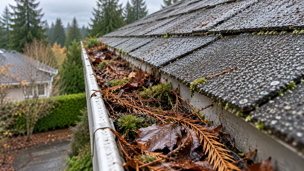 House gutter packed with wet fir needles, leaves and moss